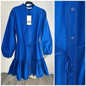 Zara Ruffled Belted Shirt Dress in Blue